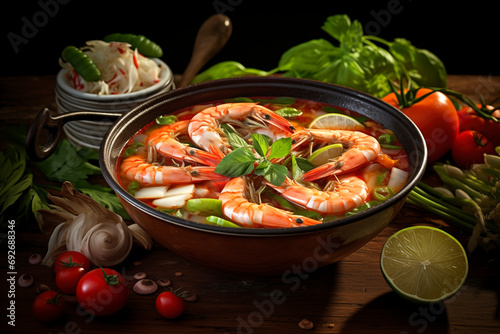 Thai Tom Yam Goong, soup with shrimp and asparagus with cherry tomatoes in it