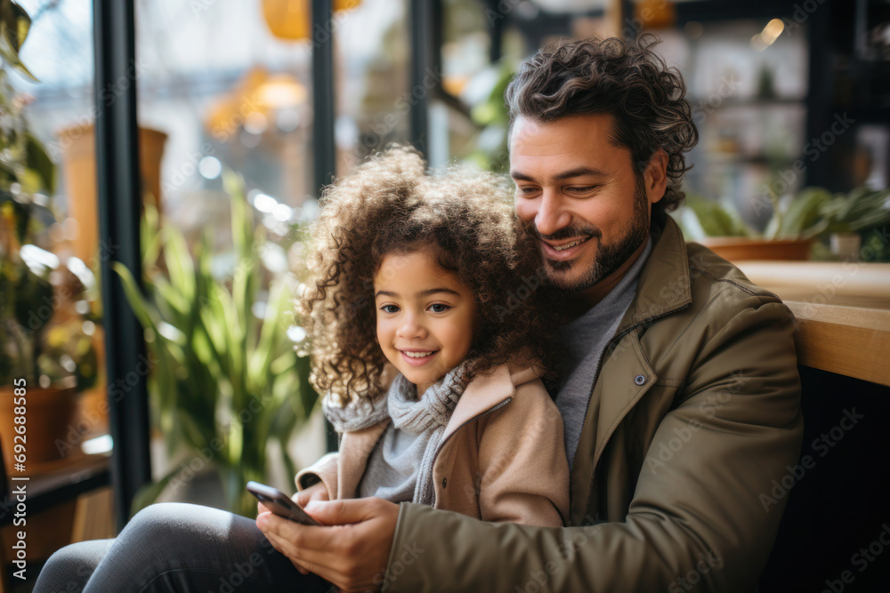 Fototapeta premium Happy father with a young daughter having a video call