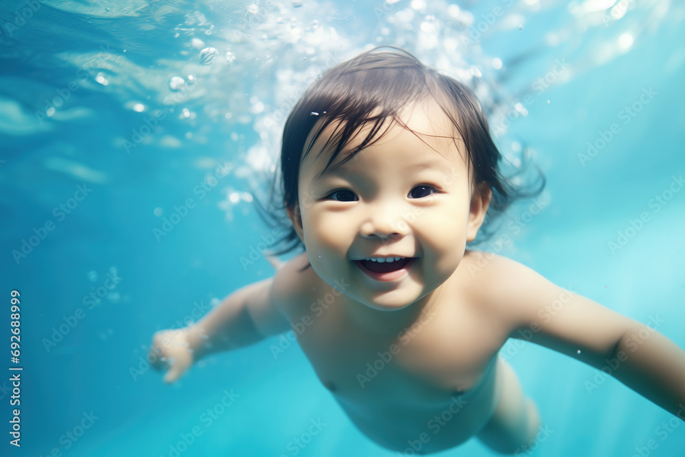 Cute asian baby swimming underwater in the swimming pool