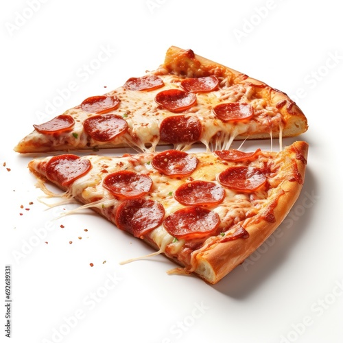 Two pieces of Classic pepperoni pizza isolated on a white background