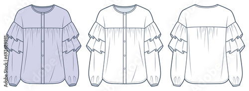 Ruffled Blouse technical fashion Illustration. Balloon Sleeve Shirt fashion flat technical drawing template, long sleeve, button up, front and back view, white, lilac, women Top CAD mockup set..