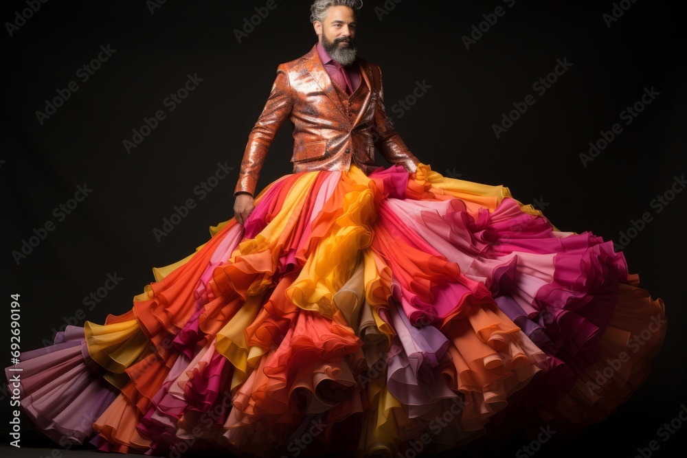 Handsome stylish man in full length in a bright, rainbow dress, Concept: symbol of diversity, freedom of expression and celebration of individuality
