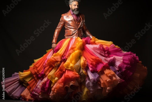 Handsome stylish man in full length in a bright, rainbow dress, Concept: symbol of diversity, freedom of expression and celebration of individuality 