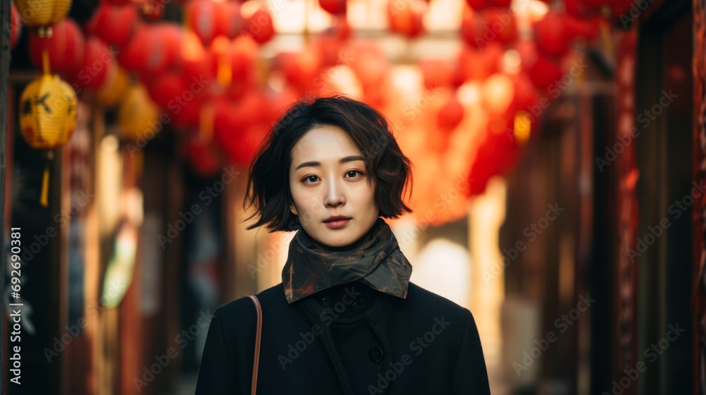 A portrait of a Chinese woman against a Chinese New Year backdrop standing in a quiet traditional street of China A portrait of a Chinese woman against a Chinese New Year backdrop standing in a quiet traditional street of China