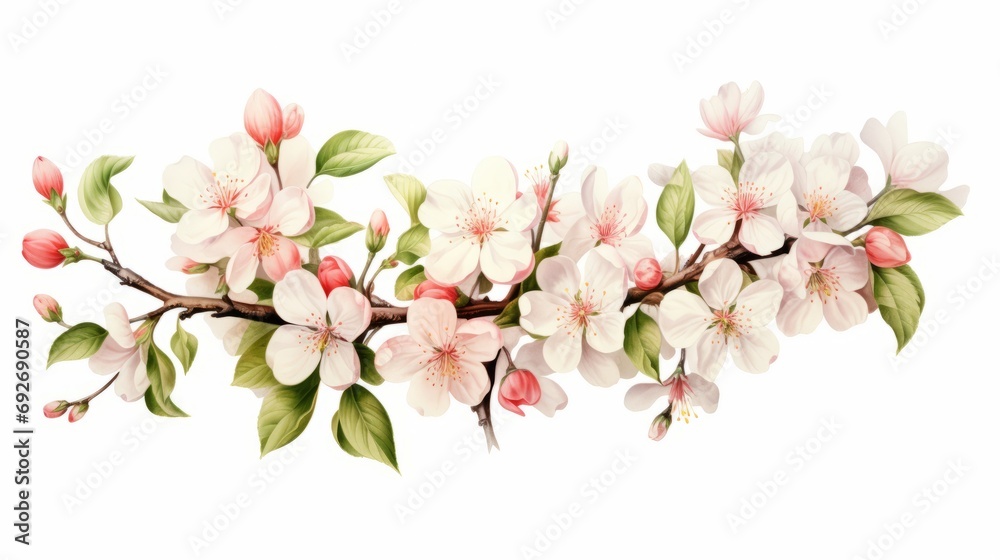 Branch of blooming sakura flowers. illustration isolated on white background. Generative AI