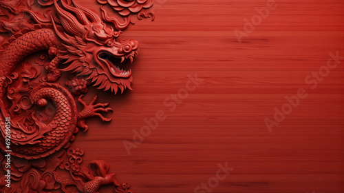 Chinese background with Wood dragon for New Year, wood red surface photo