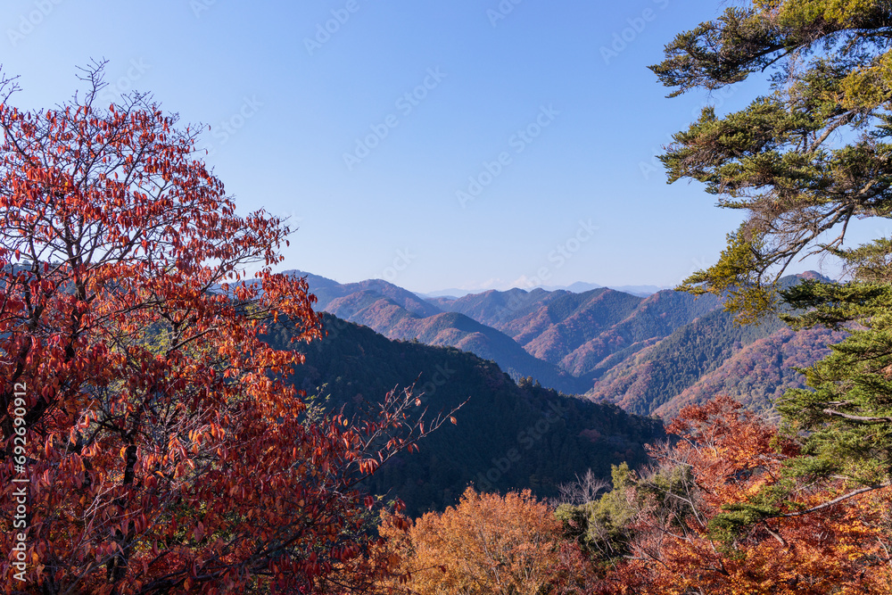 秋の高尾山駅から見える山々