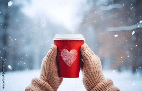 hand with cardboard cup with heart over falling snow and snowy n photo