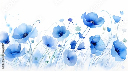 Blue poppies flowers on a white background. illustration. Generative AI photo