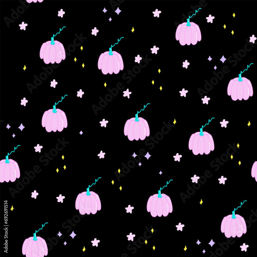 pink pumpkin halloween thanksgiving seamless pattern black background,cute pumpkin background,for seasonal textile,wrapping paper,kids fashion.