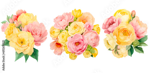 Wedding flowers in yellow and pink color. In watercolor art on a transparent background