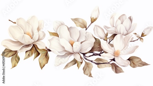 Magnolia flowers on white background. illustration in watercolor style. Generative AI