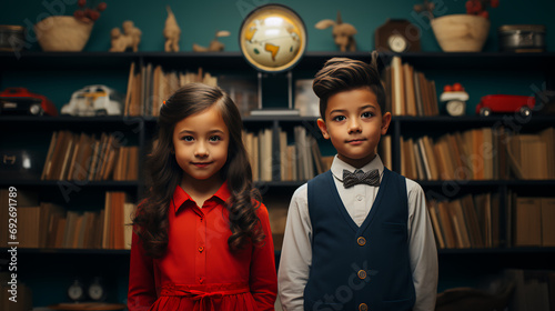 School children posed in front of a bookshelf - elementary school - quirky charm