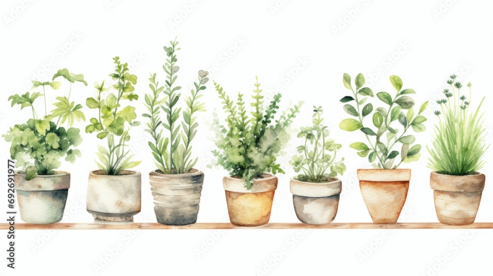Beautiful vector image with watercolor terracotta pots with herbs Generative AI - obrazy, fototapety, plakaty 