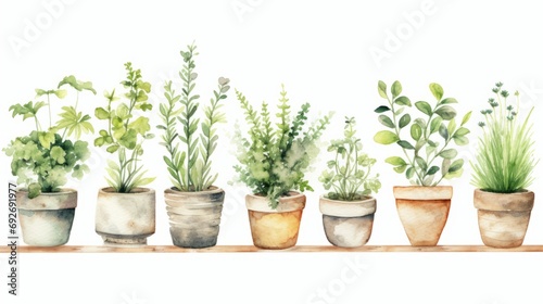 Beautiful vector image with watercolor terracotta pots with herbs Generative AI photo