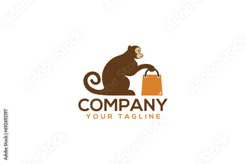 Creative logo design depicting a monkey with a shopping bag.  photo