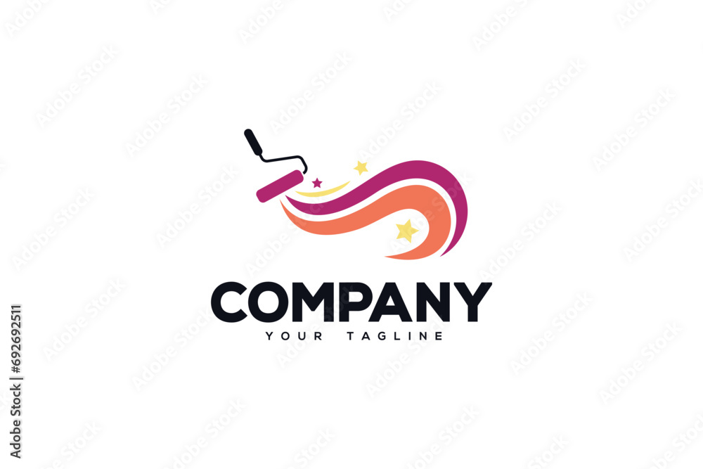Creative logo design depicting a paint brush with a colorful paint stroke. 