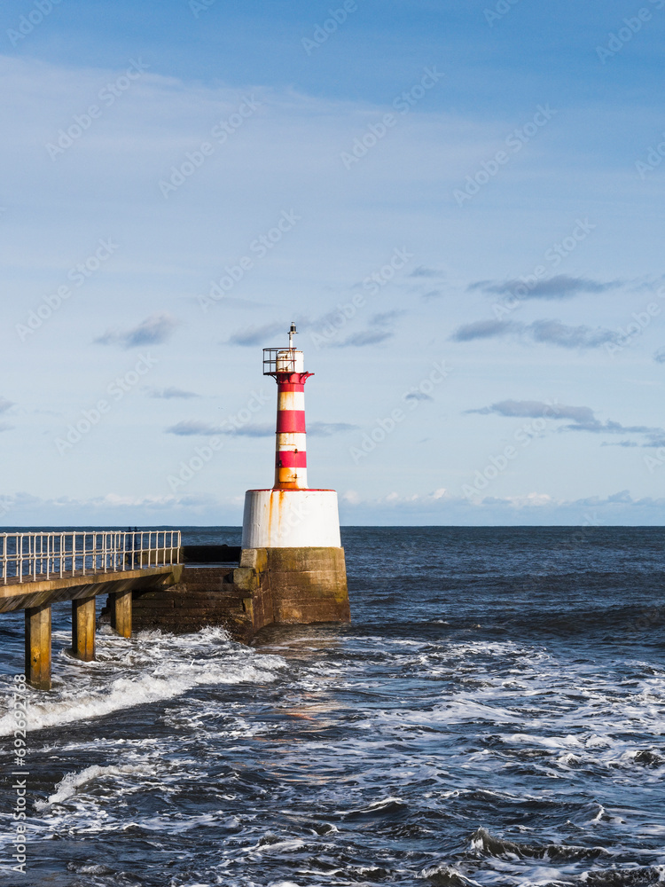 Amble, Northumberland, pier and lighthouse, UK.