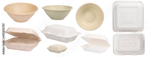 Photos Disposable food packaging products made from paper pulp bagasse