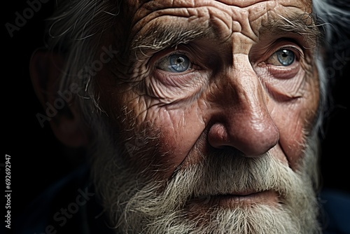 The wrinkled face of a very old man in close-up. Age-related changes. Taking care of the health of the elderly