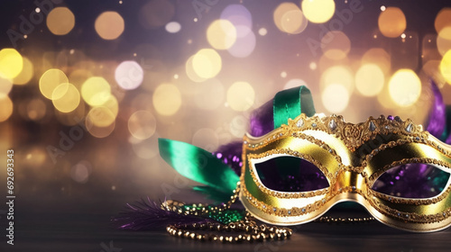 copy space, Gold, purple and green glittery mardi gras mask on shining bokeh city banner. Perfect for carnival, Mardi Gras, party, celebration, and theme-related concepts. Carnival background. photo
