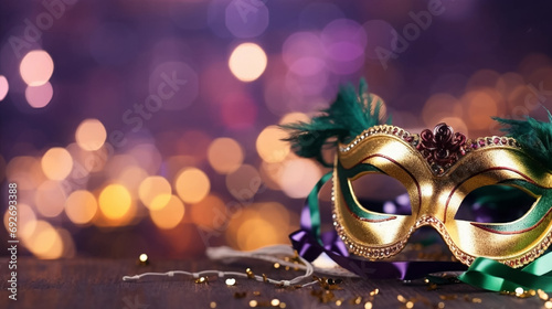 copy space, Gold, purple and green glittery mardi gras mask on shining bokeh city banner. Perfect for carnival, Mardi Gras, party, celebration, and theme-related concepts. Carnival background. © Dirk