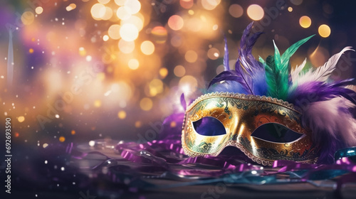 copy space, Gold, purple and green glittery mardi gras mask on shining bokeh city banner. Perfect for carnival, Mardi Gras, party, celebration, and theme-related concepts. Carnival background.