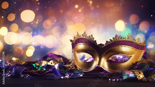 copy space, Gold, purple and green glittery mardi gras mask on shining bokeh city banner. Perfect for carnival, Mardi Gras, party, celebration, and theme-related concepts. Carnival background.