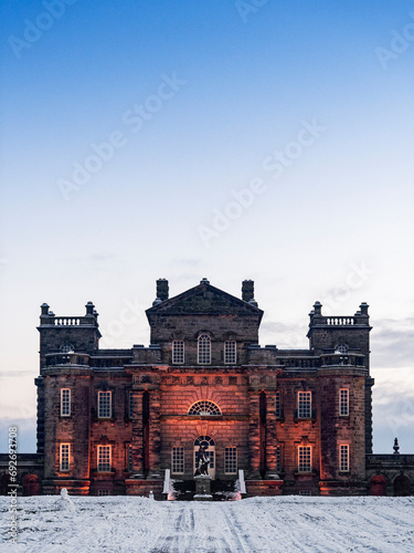 Seaton Delaval Hall, Northumberland, UK in snow