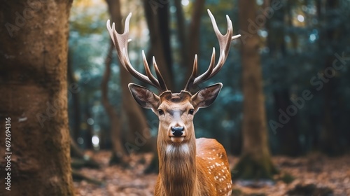 Closeup single sika female deer (Cervus nippon), Japanese deer looking at camera, wild life animals photo