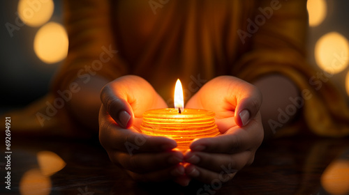 A close-up of a Buddha's hand gesture, known as a mudra, conveying a specific aspect of enlightenment, against a backdrop of soft candlelight.