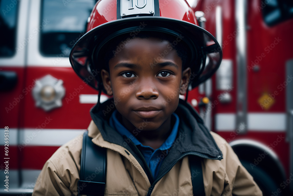 African american kid wearing fireman clothes. Kid embracing future profession. Boy wearing fireman clothes. Kid embracing future profession. Child in aspirational attire - obrazy, fototapety, plakaty 