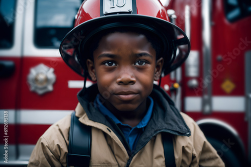 African american kid wearing fireman clothes. Kid embracing future profession. Boy wearing fireman clothes. Kid embracing future profession. Child in aspirational attire photo