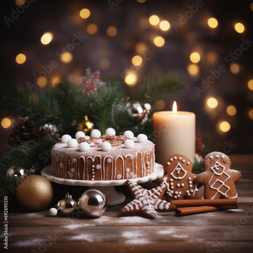 Xmas mood: beautiful christmas decoration: wreath, ginger cake and candles photo