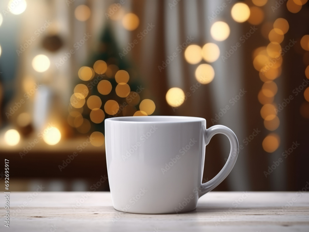 Obraz premium Festive Season 11 oz White Mug Mockup with Christmas Tree Bokeh