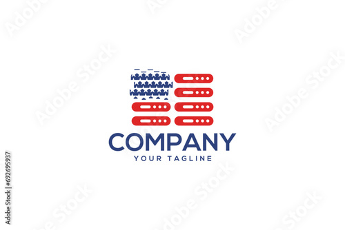 Creative logo design depicting an american flag shaped like a data server  designated to the technology industry.