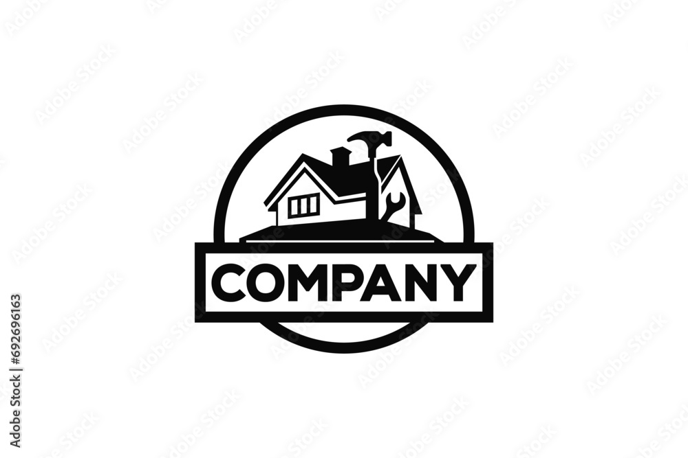 Creative logo design depicting a house with a wrench and hammer, designated to the industrial and construction industry.	