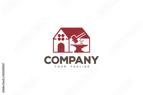 Creative logo design depicting a house with a hammer and anvil , designated to the industrial and construction industry. 