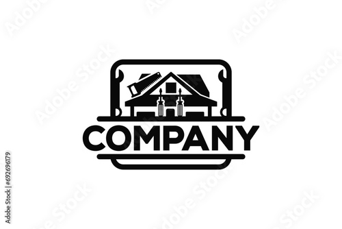 Creative logo design depicting a house with wrenches and screwdrivers inside it, designated to the industrial and construction industry. 