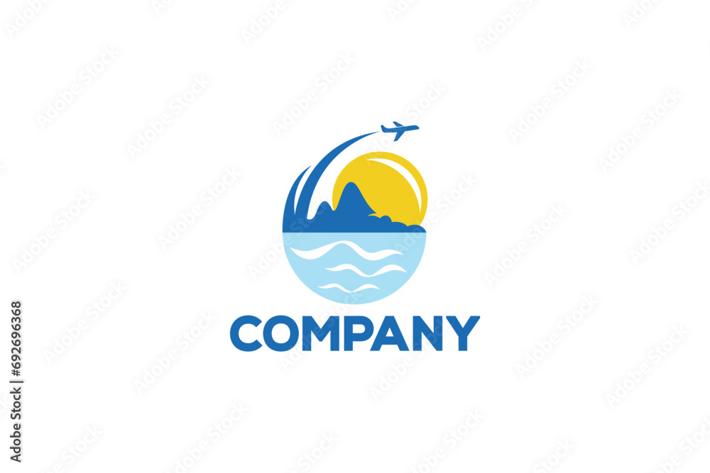 Creative logo design depicting a landscape and the sun with a plane frying over it, designated to the travel industry.	