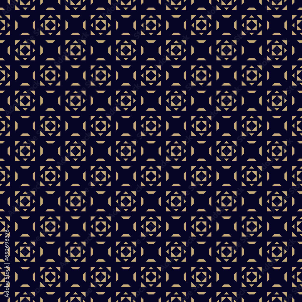 Abstract geometric pattern with floral elements, seamless vector design. Luxury background texture in gold and black. Repeat ornament with simple ethnic motifs suitable for festive decor, print