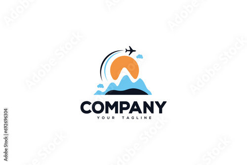 Creative logo design depicting a landscape and the sun with a plane frying over it  designated to the travel industry. 