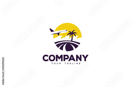 Creative logo design depicting a landscape and the sun with a plane frying over it, designated to the travel industry.	
