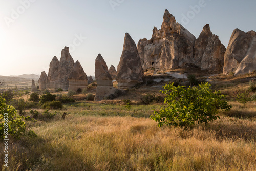 fairy chimneys in the evening lights in Rose Valley, Cappadocia, Turkey photo