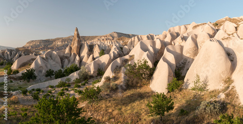 typical volcanic eroded rock formations in Cappadocia, Turkey