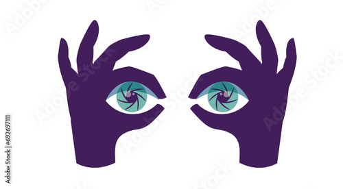 Hands holding and looking through binoculars. Vision, curiosity, discovery concept. Observing, discovering, finding and watching. Flat graphic vector illustrations isolated on white background
