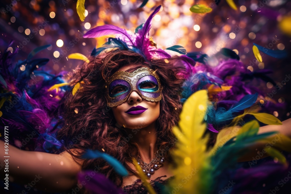 Embracing Mardi Gras concept: An expressive image showcases a young lady wearing a mask embellished with colorful feathers, symbolizing the spirited concept of Mardi Gras celebrations. Generated AI Embracing Mardi Gras concept: An expressive image showcases a young lady wearing a mask embellished with colorful feathers, symbolizing the spirited concept of Mardi Gras celebrations. Generated AI