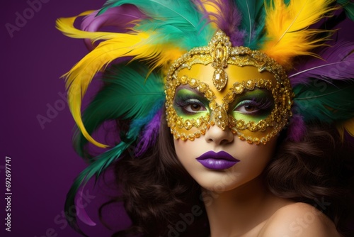 Vibrant Mardi Gras portrayal: A lively image highlights a young woman adorned in a mask with vivid feathers, embodying the celebratory concept of Mardi Gras. Generated AI