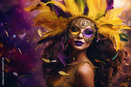 Vibrant Mardi Gras concept: A lively portrayal of a young woman donning a feathered mask against a bright backdrop perfectly embodies the festive concept of Mardi Gras celebrations. Generated AI photo