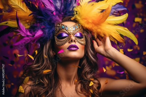 Mardi Gras essence: A vibrant image captures a woman in a feathered mask against a lively setting, encapsulating the jubilant concept of Mardi Gras celebrations. Generated AI